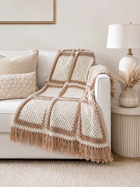 Handmade Crochet Throw Blanket in Cream and Tan With Fringe 45x46